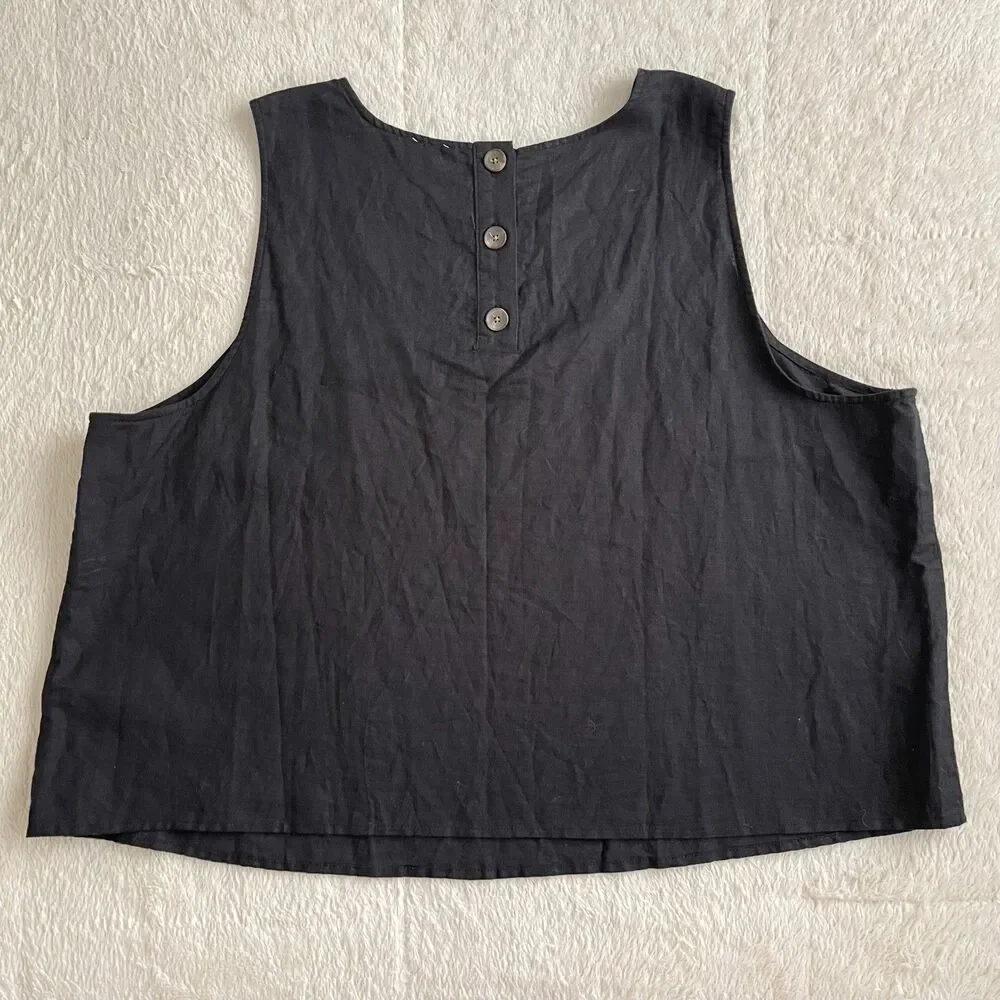 J Crew Black Linen Blend Sleeveless Top Plus Size 2X Lightweight 3 Brown Button